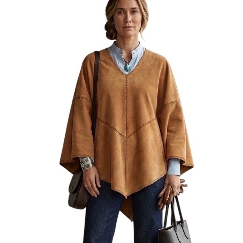 Brandon Thomas Womens Tan‎ Suede Leather Poncho Whipstitch Crochet Trim Large
